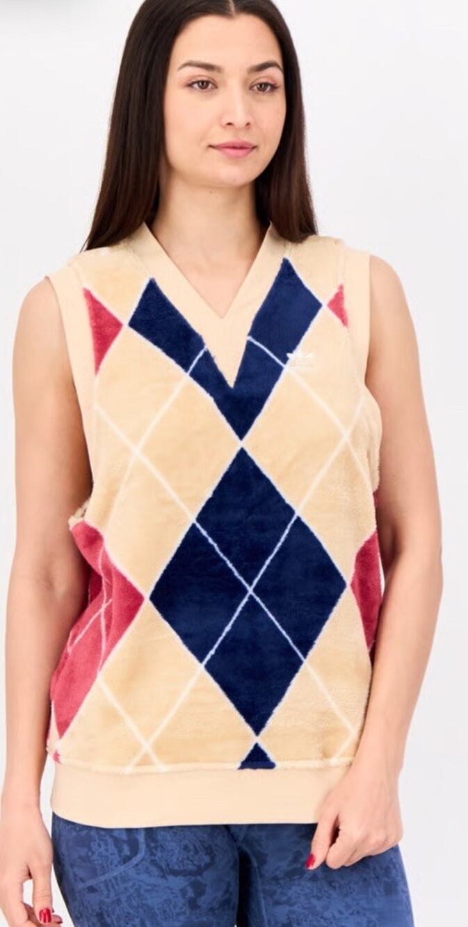 Adidas Originals Womens XS Argyle Checkered Fluffy Vest V-neck Preppy